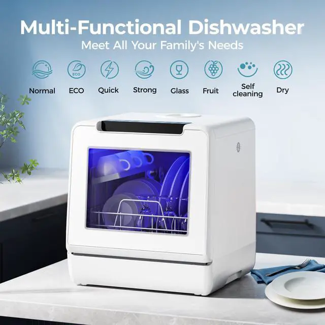 Alt view image 2 of 6 - 8 Programs Countertop Dishwasher, 5L Tank, 167°F Wash for Apartments | 40dB, 360° Dual Spray Arms, 8-Program (Normal, ECO, Quick, Baby Care, Glass, Fruit, Self-Clean, Dry), for 30+ Items, 167°F