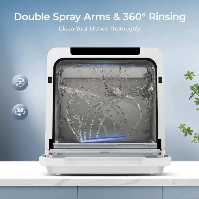 Alt view image 5 of 6 - 8 Programs Countertop Dishwasher, 5L Tank, 167°F Wash for Apartments | 40dB, 360° Dual Spray Arms, 8-Program (Normal, ECO, Quick, Baby Care, Glass, Fruit, Self-Clean, Dry), for 30+ Items, 167°F