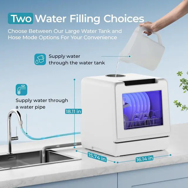 Alt view image 6 of 6 - 8 Programs Countertop Dishwasher, 5L Tank, 167°F Wash for Apartments | 40dB, 360° Dual Spray Arms, 8-Program (Normal, ECO, Quick, Baby Care, Glass, Fruit, Self-Clean, Dry), for 30+ Items, 167°F