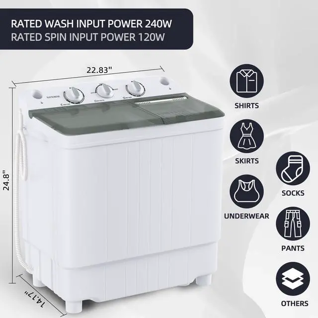 Alt view image 2 of 6 - Portable Washing Machine Twin Tub 9.9 Lbs Capacity, (7.7 Lbs) and Spinner(2.2 Lbs) Combo Mini Compact Laundry Washer for Home, Apartment, Camping, RVs and Dorms, Black/White