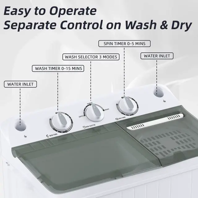 Alt view image 3 of 6 - Portable Washing Machine Twin Tub 9.9 Lbs Capacity, (7.7 Lbs) and Spinner(2.2 Lbs) Combo Mini Compact Laundry Washer for Home, Apartment, Camping, RVs and Dorms, Black/White