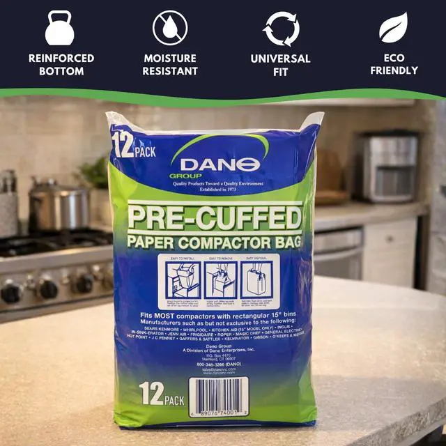 Alt view image 2 of 6 - Dano Pre-Cuffed Paper Trash Compactor Bags (50 Pack) | Heavy Duty Kitchen Garbage Compactor Bags & Liners | 16 Gallon Precuffed Garbage Bag for Compactor | Eco-Friendly Compactor & Trash Bag