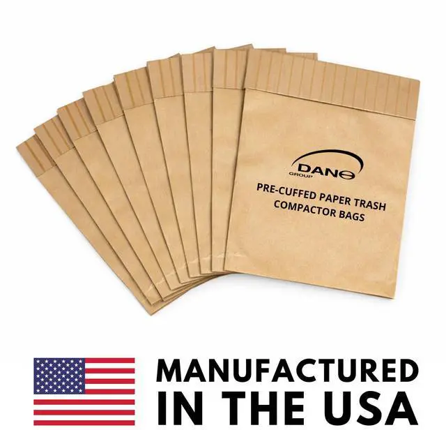 Alt view image 6 of 6 - Dano Pre-Cuffed Paper Trash Compactor Bags (50 Pack) | Heavy Duty Kitchen Garbage Compactor Bags & Liners | 16 Gallon Precuffed Garbage Bag for Compactor | Eco-Friendly Compactor & Trash Bag