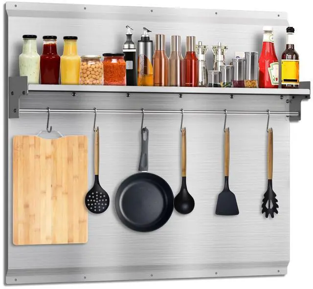 Main image of 30"x24" Stainless Steel Backsplash for Stove & Hood, Stove Backsplash with Storage Shelf & Hanging Rack, Easy-Clean Kitchen Wall Splash Guard & Protector
