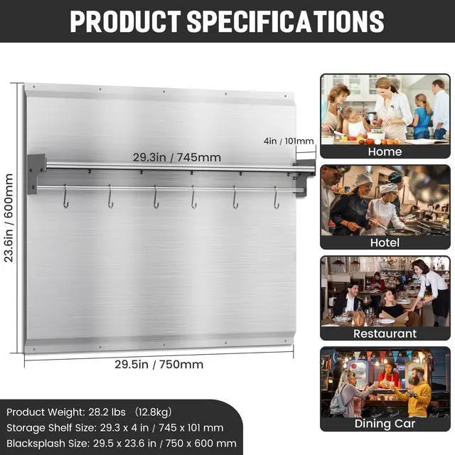 Alt view image 5 of 6 - 30"x24" Stainless Steel Backsplash for Stove & Hood, Stove Backsplash with Storage Shelf & Hanging Rack, Easy-Clean Kitchen Wall Splash Guard & Protector