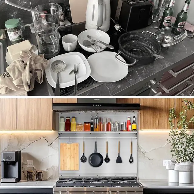 Alt view image 6 of 6 - 30"x24" Stainless Steel Backsplash for Stove & Hood, Stove Backsplash with Storage Shelf & Hanging Rack, Easy-Clean Kitchen Wall Splash Guard & Protector
