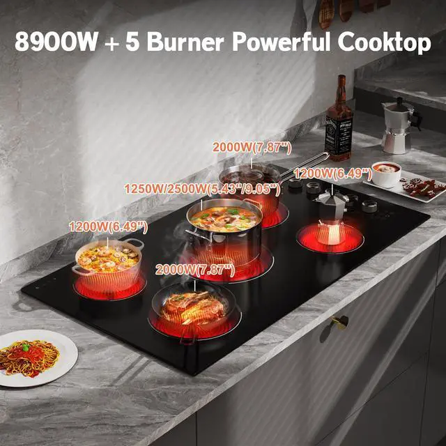 Alt view image 2 of 6 - 36 Inch Electric Cooktop 5 burner, 8900W Built-in Electric Stove Top, Cooktop 36" with Double-ring Burner, Knob & Touch Control, 9 Power Levels, Timer, Safety Lock, 220V-240V Hard Wire