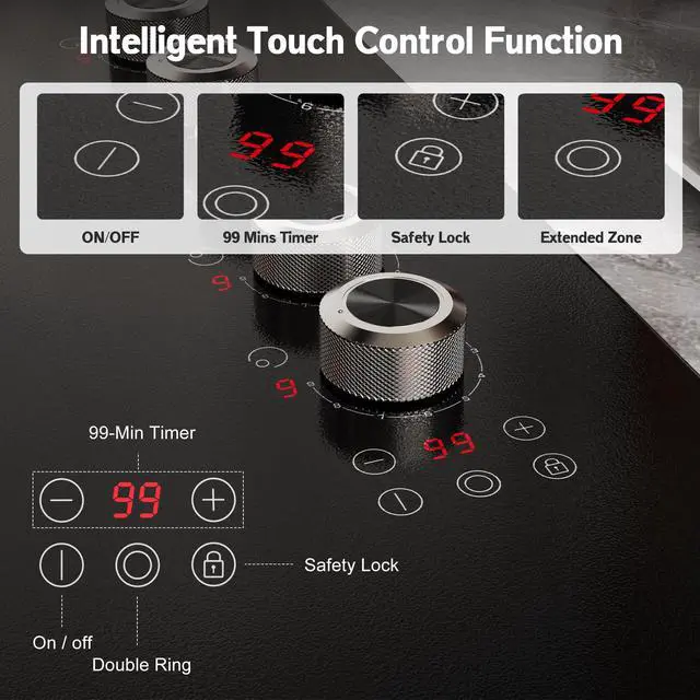 Alt view image 3 of 6 - 36 Inch Electric Cooktop 5 burner, 8900W Built-in Electric Stove Top, Cooktop 36" with Double-ring Burner, Knob & Touch Control, 9 Power Levels, Timer, Safety Lock, 220V-240V Hard Wire