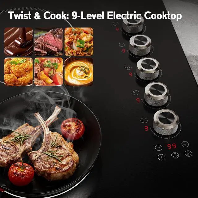 Alt view image 4 of 6 - 36 Inch Electric Cooktop 5 burner, 8900W Built-in Electric Stove Top, Cooktop 36" with Double-ring Burner, Knob & Touch Control, 9 Power Levels, Timer, Safety Lock, 220V-240V Hard Wire