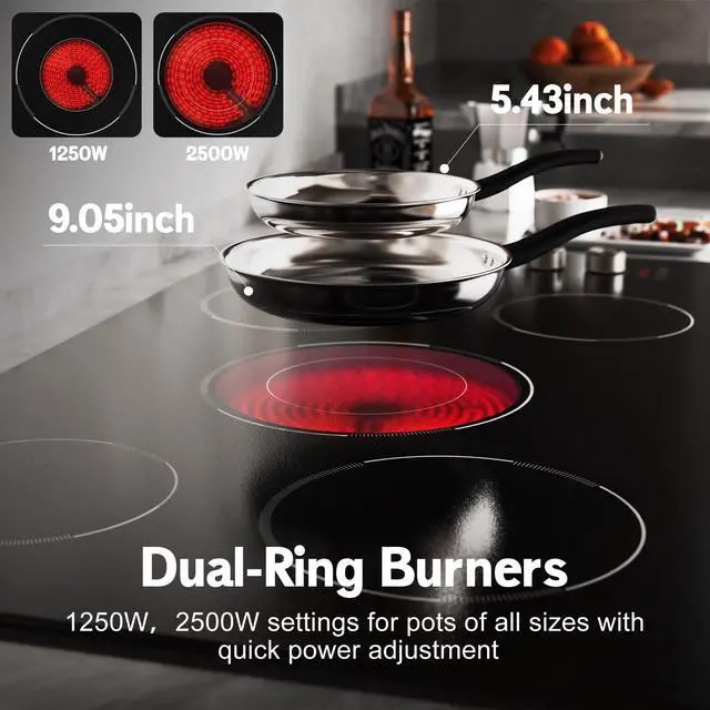 Alt view image 5 of 6 - 36 Inch Electric Cooktop 5 burner, 8900W Built-in Electric Stove Top, Cooktop 36" with Double-ring Burner, Knob & Touch Control, 9 Power Levels, Timer, Safety Lock, 220V-240V Hard Wire