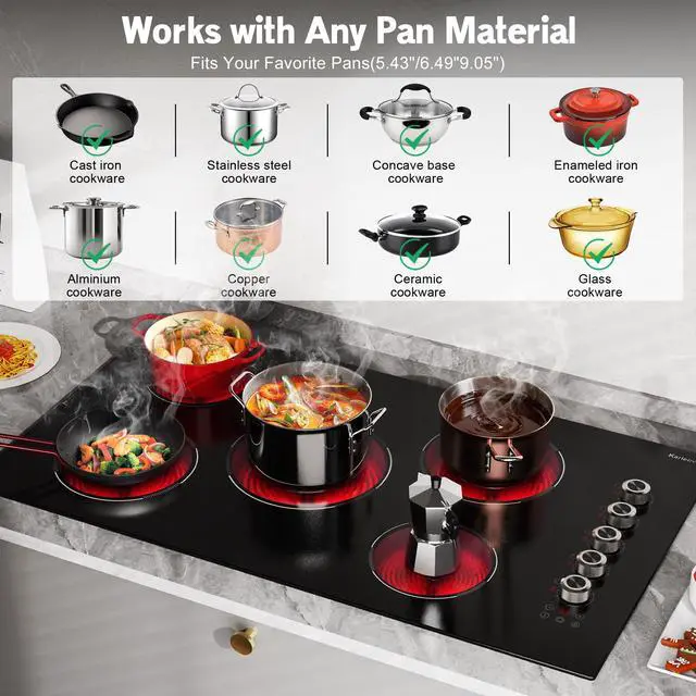 Alt view image 6 of 6 - 36 Inch Electric Cooktop 5 burner, 8900W Built-in Electric Stove Top, Cooktop 36" with Double-ring Burner, Knob & Touch Control, 9 Power Levels, Timer, Safety Lock, 220V-240V Hard Wire