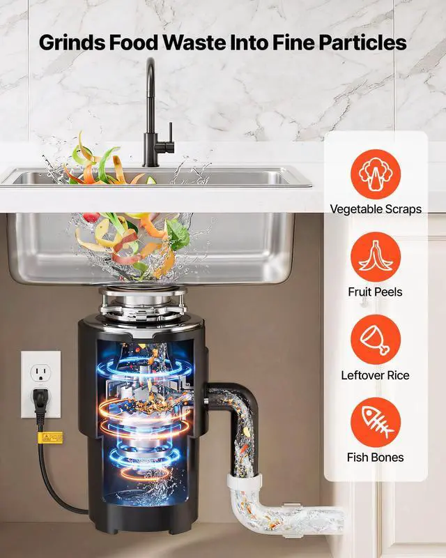 Alt view image 3 of 6 - Food Waste Garbage Disposal, 3/4HP 1500RPM AC Motor, Continuous Feed Kitchen Sink Garbage Disposer, 3-Bolt Mount Food Waste Grinding System with Splash Guard & Power Cord for Kitchens