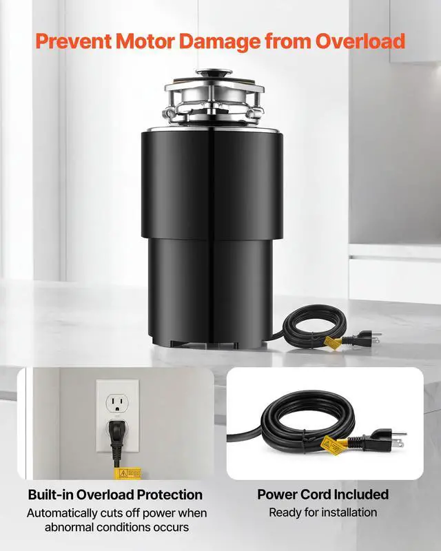 Alt view image 6 of 6 - Food Waste Garbage Disposal, 3/4HP 1500RPM AC Motor, Continuous Feed Kitchen Sink Garbage Disposer, 3-Bolt Mount Food Waste Grinding System with Splash Guard & Power Cord for Kitchens