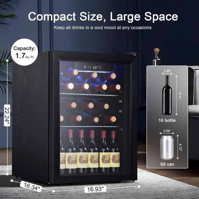Alt view image 2 of 6 - Mini Fridge 68 Can Beverage Refrigerator Cooler with Glass Door,Adjustable Shelves & Digital Temperature for Soda Beer or beverage cooler for Home, Office Bar 1.7cu.ft
