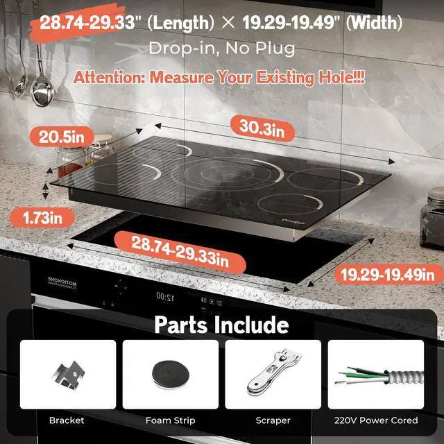 Alt view image 2 of 6 - 30 Inch Electric Cooktop 9000W High Power, 240V Hard Wired | 30 Inches 5 Burners Ceramic Stove with Large Tripple Ring, Timer, Safety Lock, Cut-out Size: 29.13" x 19.29", Built-in