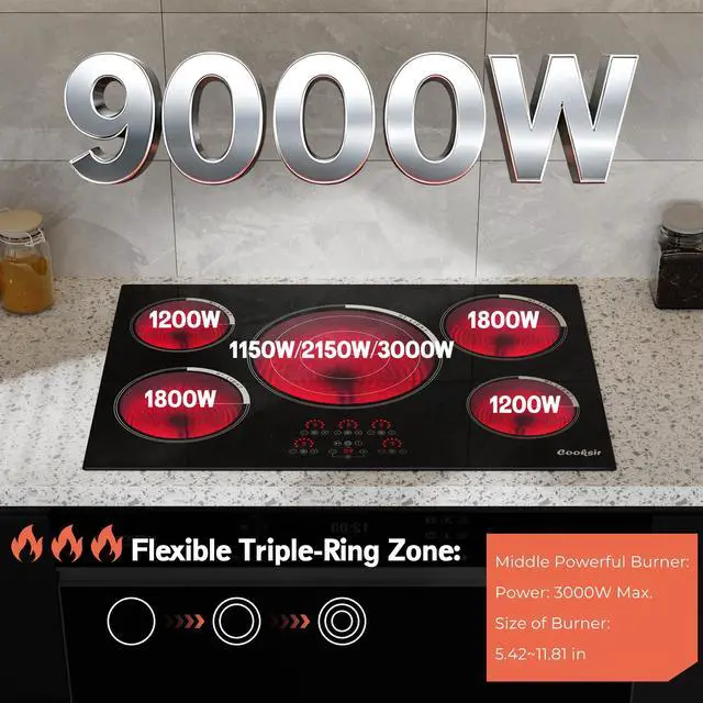 Alt view image 3 of 6 - 30 Inch Electric Cooktop 9000W High Power, 240V Hard Wired | 30 Inches 5 Burners Ceramic Stove with Large Tripple Ring, Timer, Safety Lock, Cut-out Size: 29.13" x 19.29", Built-in
