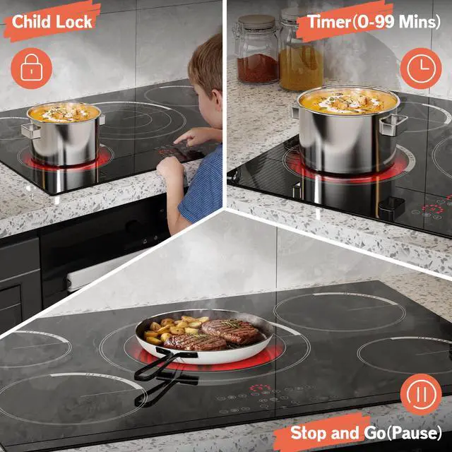 Alt view image 4 of 6 - 30 Inch Electric Cooktop 9000W High Power, 240V Hard Wired | 30 Inches 5 Burners Ceramic Stove with Large Tripple Ring, Timer, Safety Lock, Cut-out Size: 29.13" x 19.29", Built-in