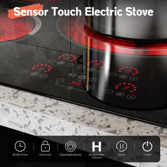 Alt view image 5 of 6 - 30 Inch Electric Cooktop 9000W High Power, 240V Hard Wired | 30 Inches 5 Burners Ceramic Stove with Large Tripple Ring, Timer, Safety Lock, Cut-out Size: 29.13" x 19.29", Built-in