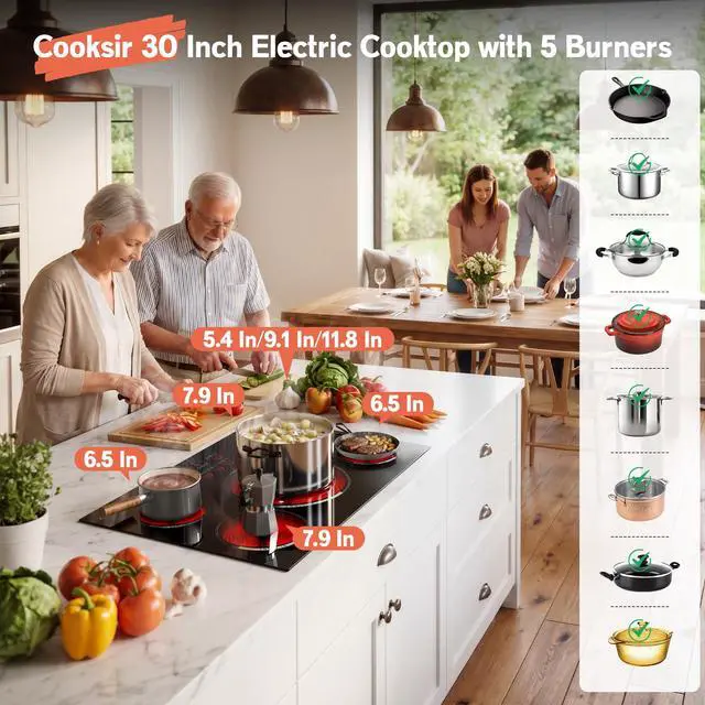 Alt view image 6 of 6 - 30 Inch Electric Cooktop 9000W High Power, 240V Hard Wired | 30 Inches 5 Burners Ceramic Stove with Large Tripple Ring, Timer, Safety Lock, Cut-out Size: 29.13" x 19.29", Built-in