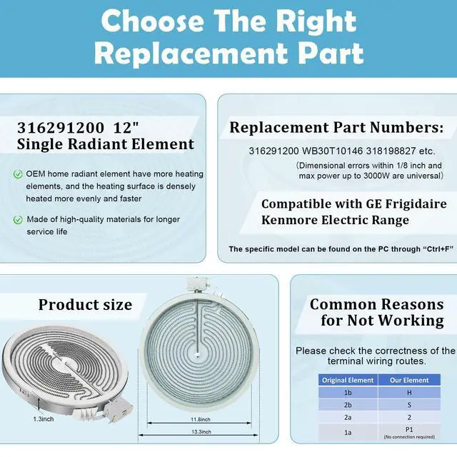Alt view image 3 of 6 - UPGRADED 316291200 WB30T10146 12-inch Radiant Surface Element Compatible with GE Frigidaire and Kenmore Electric Stove, 12" Single Haliant Surface Element Replace 318198827 5304510566