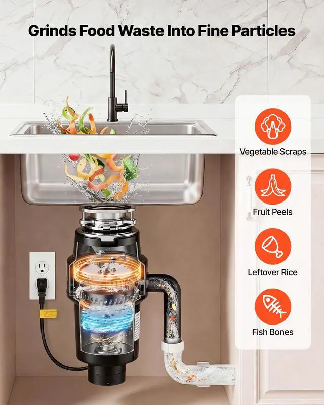 Alt view image 3 of 6 - Food Waste Garbage Disposal, 1HP 3700RPM DC Motor, Continuous Feed Kitchen Sink Garbage Disposer, 3-Bolt Mount Food Waste Grinding System with Splash Guard & Power Cord for Kitchens