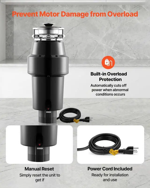 Alt view image 6 of 6 - Food Waste Garbage Disposal, 1HP 3700RPM DC Motor, Continuous Feed Kitchen Sink Garbage Disposer, 3-Bolt Mount Food Waste Grinding System with Splash Guard & Power Cord for Kitchens