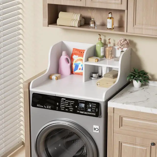 Alt view image 2 of 6 - Washer Dryer Countertop with Shelf,27.5" D x 27" W x 11.8" H Wood Countertop for Washer and Dryer,Laundry Countertop with Anti-Slip Strips and Edge Rails,Dryer Countertop for Laundry Room(White)