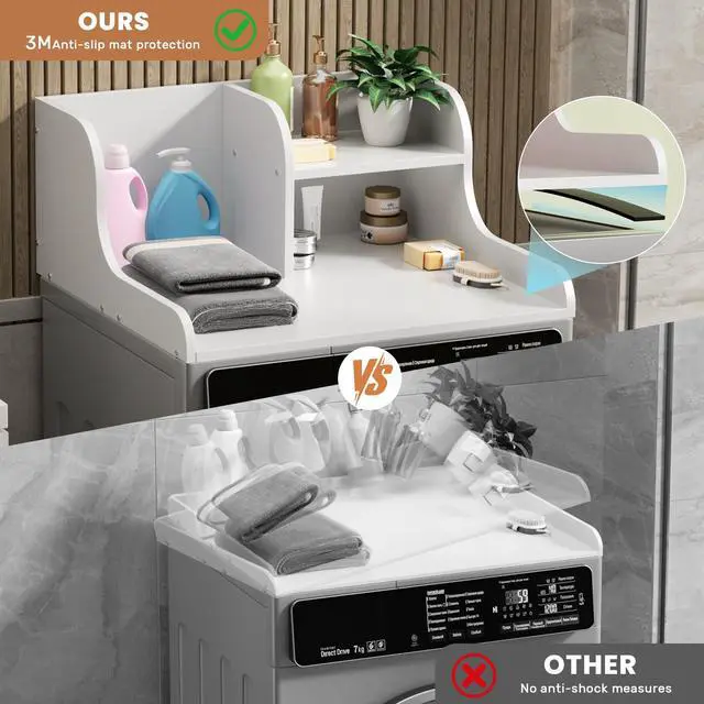 Alt view image 4 of 6 - Washer Dryer Countertop with Shelf,27.5" D x 27" W x 11.8" H Wood Countertop for Washer and Dryer,Laundry Countertop with Anti-Slip Strips and Edge Rails,Dryer Countertop for Laundry Room(White)