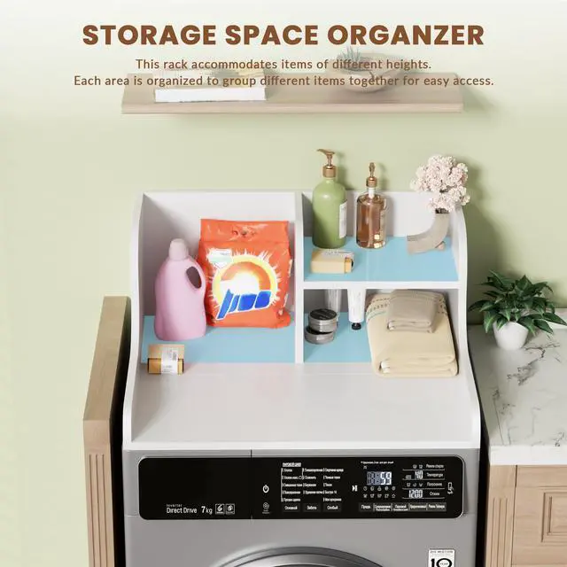 Alt view image 5 of 6 - Washer Dryer Countertop with Shelf,27.5" D x 27" W x 11.8" H Wood Countertop for Washer and Dryer,Laundry Countertop with Anti-Slip Strips and Edge Rails,Dryer Countertop for Laundry Room(White)