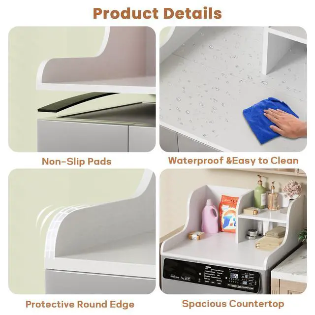Alt view image 6 of 6 - Washer Dryer Countertop with Shelf,27.5" D x 27" W x 11.8" H Wood Countertop for Washer and Dryer,Laundry Countertop with Anti-Slip Strips and Edge Rails,Dryer Countertop for Laundry Room(White)