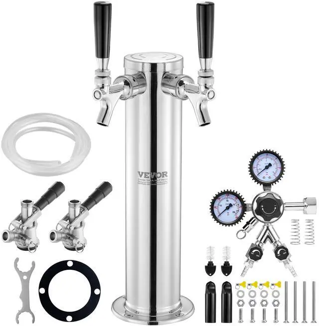 Main image of Kegerator Tower Kit, Dual Taps Beer Conversion Kit, Stainless Steel Keg Beer Tower Dispenser with Dual Gauge CGA320 Regulator & D-System Keg Coupler, Self-Closing Spring for Party Bar Home