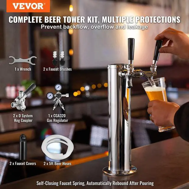 Alt view image 2 of 6 - Kegerator Tower Kit, Dual Taps Beer Conversion Kit, Stainless Steel Keg Beer Tower Dispenser with Dual Gauge CGA320 Regulator & D-System Keg Coupler, Self-Closing Spring for Party Bar Home
