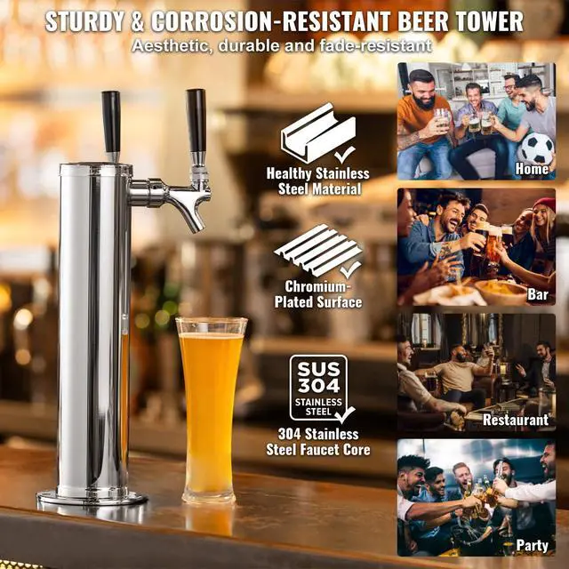 Alt view image 5 of 6 - Kegerator Tower Kit, Dual Taps Beer Conversion Kit, Stainless Steel Keg Beer Tower Dispenser with Dual Gauge CGA320 Regulator & D-System Keg Coupler, Self-Closing Spring for Party Bar Home