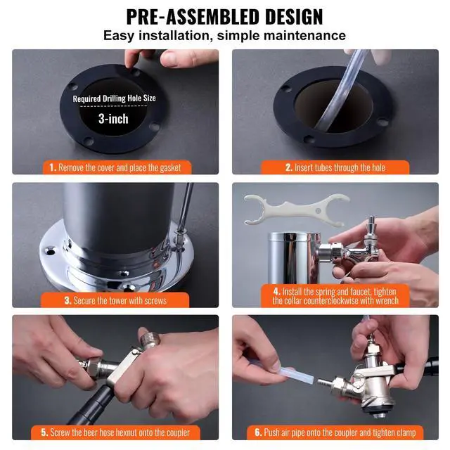 Alt view image 6 of 6 - Kegerator Tower Kit, Dual Taps Beer Conversion Kit, Stainless Steel Keg Beer Tower Dispenser with Dual Gauge CGA320 Regulator & D-System Keg Coupler, Self-Closing Spring for Party Bar Home