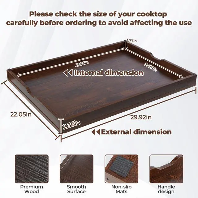 Alt view image 2 of 6 - 30" Noodle Board Stove Top Cover For Gas & Electric Stoves, Walnut | Heavy-Duty Wooden Stove Cover (30"L x 22"W x 2.4"Th) With Handles For RV Stoves, Serving Tray & Space Saver