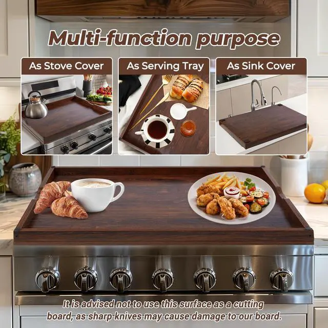 Alt view image 4 of 6 - 30" Noodle Board Stove Top Cover For Gas & Electric Stoves, Walnut | Heavy-Duty Wooden Stove Cover (30"L x 22"W x 2.4"Th) With Handles For RV Stoves, Serving Tray & Space Saver
