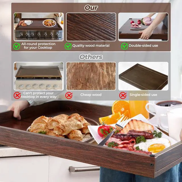 Alt view image 5 of 6 - 30" Noodle Board Stove Top Cover For Gas & Electric Stoves, Walnut | Heavy-Duty Wooden Stove Cover (30"L x 22"W x 2.4"Th) With Handles For RV Stoves, Serving Tray & Space Saver