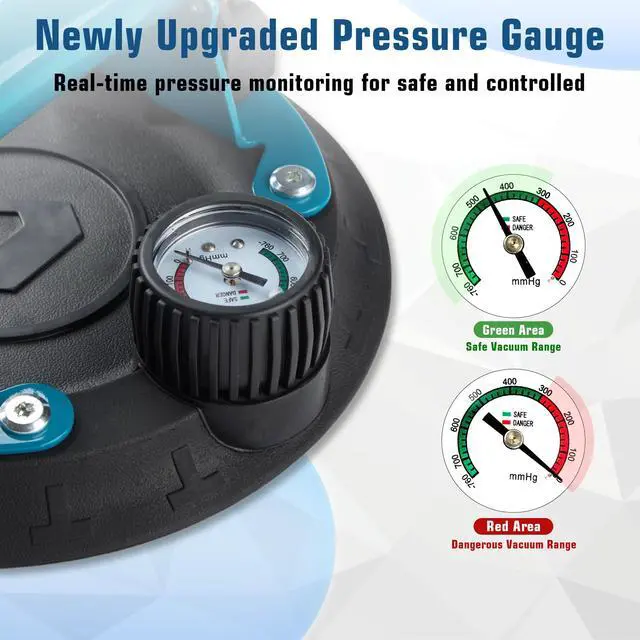 Alt view image 3 of 6 - 8" Glass Suction Cups with Pressure Gauge, 2 Pack Vacuum Suction Cups with Metal Handle, Heavy Duty Hand-held Suction Cups for Glass & Granite Lifting, 440 lbs Load Capacity with Carrying Case