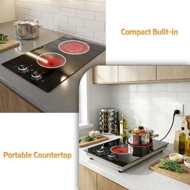 Alt view image 2 of 6 - 2 Burners Electric Cooktop 12 Inch, 1800W Knob Control Electric Stove Top Burner Hot Plate, 110V-120V Bulit-in & Countertop Ceramic Radiant Stove with Timer, Multi-Ring Control