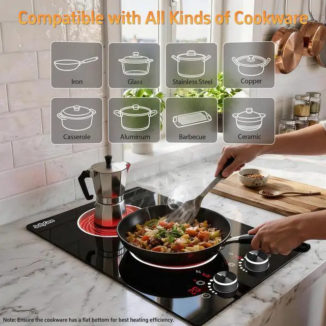 Alt view image 4 of 6 - 2 Burners Electric Cooktop 12 Inch, 1800W Knob Control Electric Stove Top Burner Hot Plate, 110V-120V Bulit-in & Countertop Ceramic Radiant Stove with Timer, Multi-Ring Control