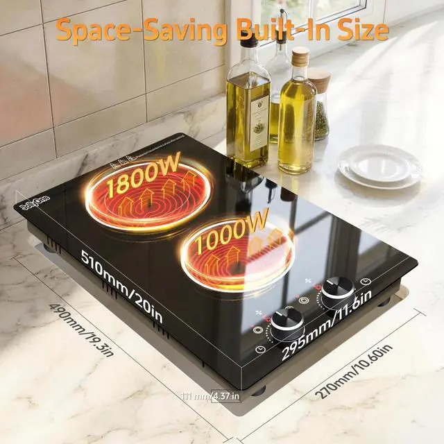 Alt view image 5 of 6 - 2 Burners Electric Cooktop 12 Inch, 1800W Knob Control Electric Stove Top Burner Hot Plate, 110V-120V Bulit-in & Countertop Ceramic Radiant Stove with Timer, Multi-Ring Control