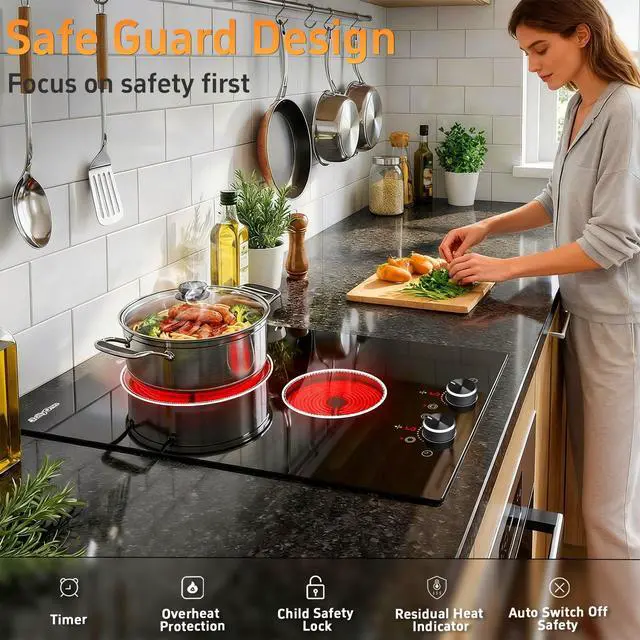 Alt view image 6 of 6 - 2 Burners Electric Cooktop 12 Inch, 1800W Knob Control Electric Stove Top Burner Hot Plate, 110V-120V Bulit-in & Countertop Ceramic Radiant Stove with Timer, Multi-Ring Control