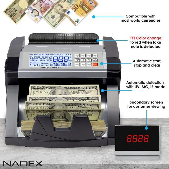 Alt view image 2 of 6 - V1800 Money Counter - Color Coded Dual TFT Display - Professional Grade Accurate Fast Bill Counting with UV/MG/IR Counterfeit Detection - Counts 1000 Notes/Min