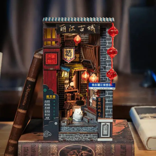 Alt view image 2 of 6 - Lijiang Ancient Town DIY 3D Wooden Booknook for Adults, Teens and Book Lovers, Bookshelf Insert Library Decor, Creative Gift for Family, Friends, and Elderly