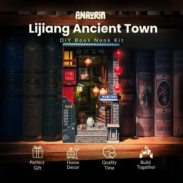 Alt view image 5 of 6 - Lijiang Ancient Town DIY 3D Wooden Booknook for Adults, Teens and Book Lovers, Bookshelf Insert Library Decor, Creative Gift for Family, Friends, and Elderly