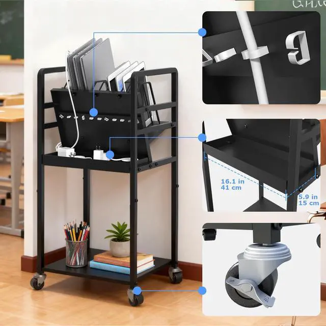 Alt view image 4 of 6 - Metal Laptop Charging Station with Wheels, 12 Device Mobile Charging Cart for Laptops, Computers, Tablets and Chromebooks, Storage Rack for Office and Classroom