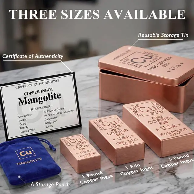 Alt view image 5 of 6 - 5 Lb Copper Bar.999 Pure Copper Bullion for Paperweight, Gift & Education | Solid, Heavy & Refined Copper Ingot - Desk Display, 7th Anniversary Wedding Gift for Him/Her with COA, Gift Box, Pouch