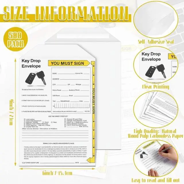 Alt view image 2 of 6 - 500 Pack Key Drop off Envelopes 6" x 9" Open End After Hours Key Envelopes Auto Shop Repair Service Keys Drop Envelope Drops Box Envelope for Overnight or Early Birds