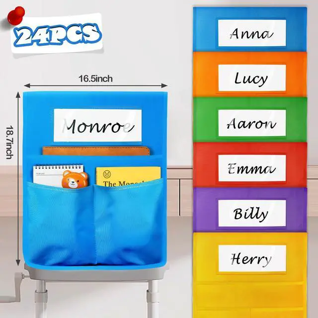 Alt view image 2 of 6 - Chair Pockets for Classrooms,Seat Sack16 x 20 Inch,Student Chair Pockets for Classrooms,Classroom Must Haves, Desk Organizer Pocket Chair Bag for Seat School Classroom,6 Color,24 Pack