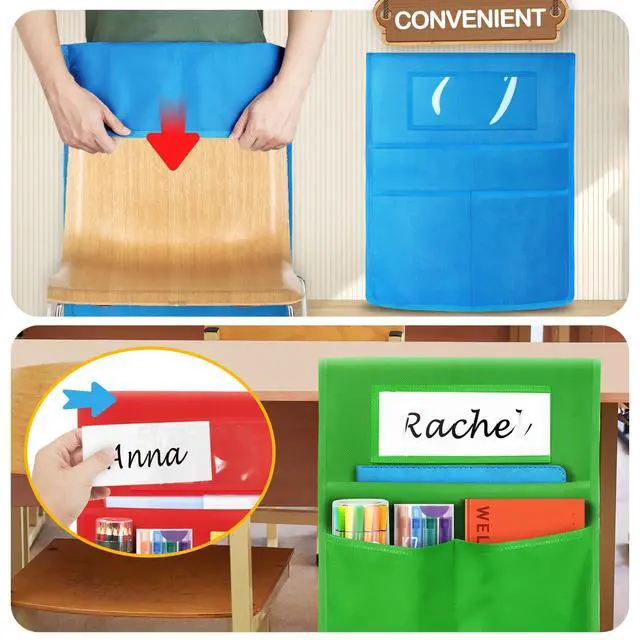 Alt view image 3 of 6 - Chair Pockets for Classrooms,Seat Sack16 x 20 Inch,Student Chair Pockets for Classrooms,Classroom Must Haves, Desk Organizer Pocket Chair Bag for Seat School Classroom,6 Color,24 Pack